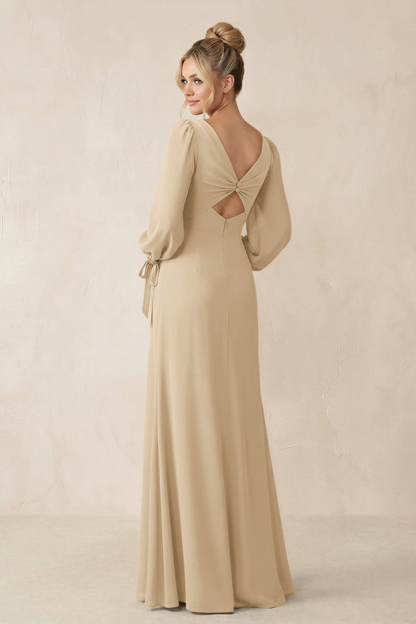 Square Neck Long Sleeve Sheath Chiffon Bridesmaid Dress in Champagne (2) | KISSBRIDAL