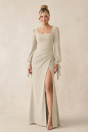 Square Neck Long Sleeve Sheath Chiffon Bridesmaid Dress in Champagne - SHE IS ME Bridesmaid Dresses