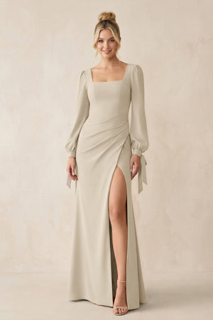 Square Neck Long Sleeve Sheath Chiffon Bridesmaid Dress in Champagne - SHE IS ME Bridesmaid Dresses