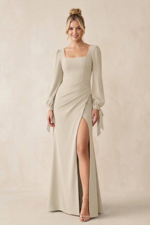 Square Neck Long Sleeve Sheath Chiffon Bridesmaid Dress in Champagne - SHE IS ME Bridesmaid Dresses