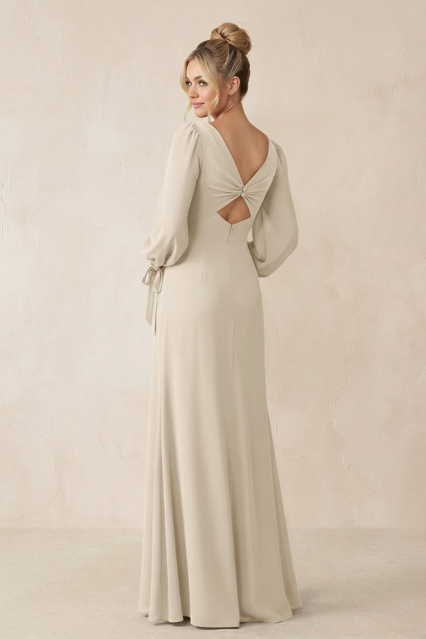 Square Neck Long Sleeve Sheath Chiffon Bridesmaid Dress in Champagne - SHE IS ME Bridesmaid Dresses