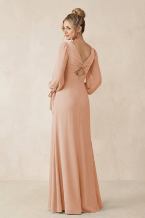 Square Neck Long Sleeve Sheath Chiffon Bridesmaid Dress in Champagne Rose - SHE IS ME Bridesmaid Dresses