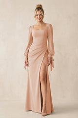 Square Neck Long Sleeve Sheath Chiffon Bridesmaid Dress in Champagne Rose - KISS BRIDAL Bridesmaid Dresses