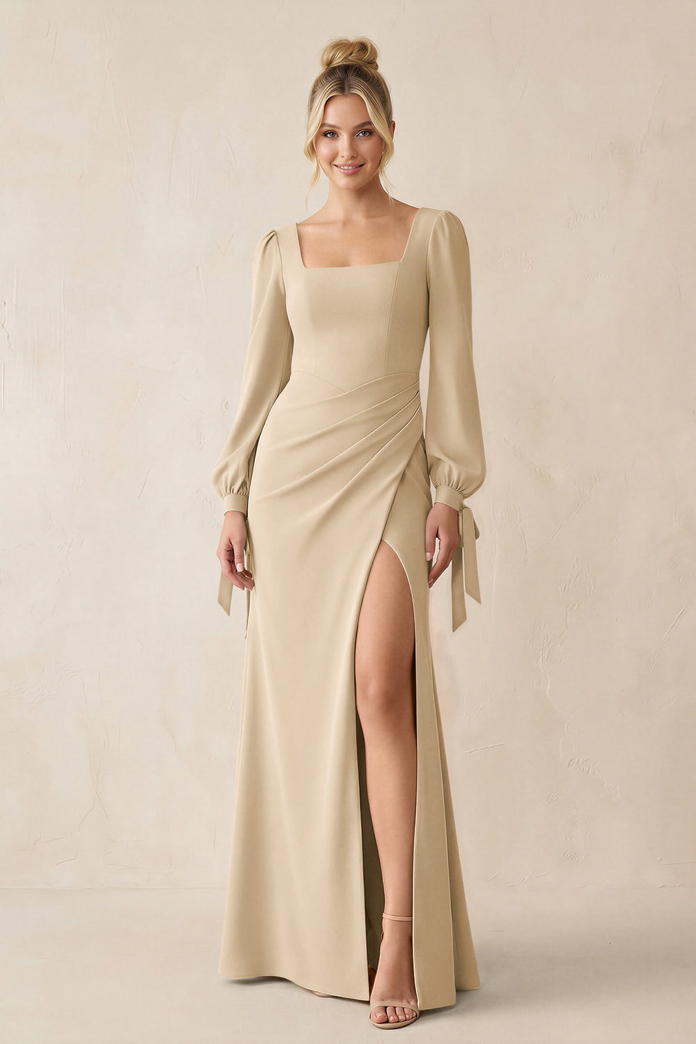 Square Neck Long Sleeve Sheath Chiffon Bridesmaid Dress in Champagne