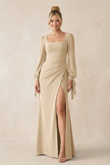Square Neck Long Sleeve Sheath Chiffon Bridesmaid Dress in Champagne | KISSBRIDAL