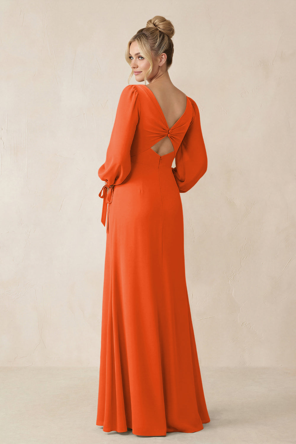 Square Neck Long Sleeve Sheath Chiffon Bridesmaid Dress in Cinnamon