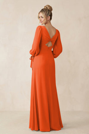 Square Neck Long Sleeve Sheath Chiffon Bridesmaid Dress in Cinnamon (2) | KISSBRIDAL