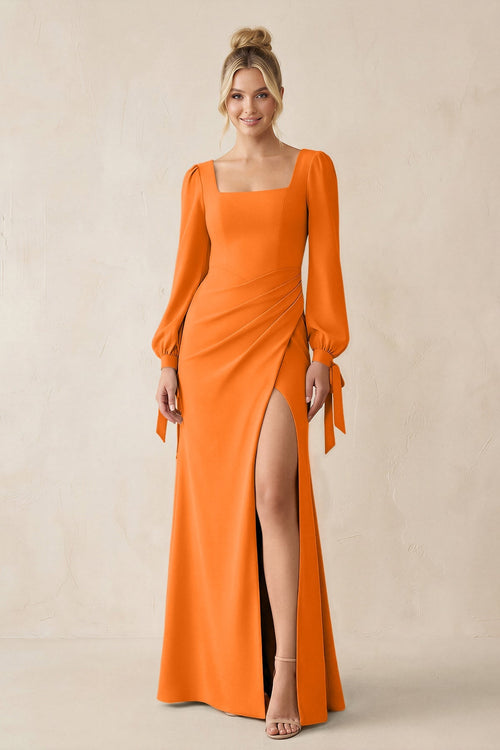 Square Neck Long Sleeve Sheath Chiffon Bridesmaid Dress in Cinnamon - SHE IS ME Bridesmaid Dresses