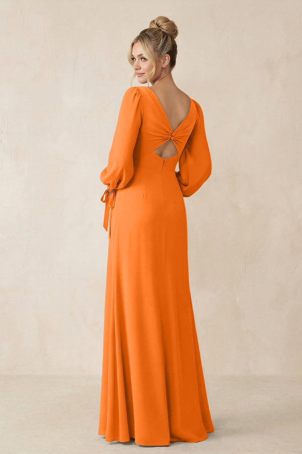 Square Neck Long Sleeve Sheath Chiffon Bridesmaid Dress in Cinnamon - SHE IS ME Bridesmaid Dresses