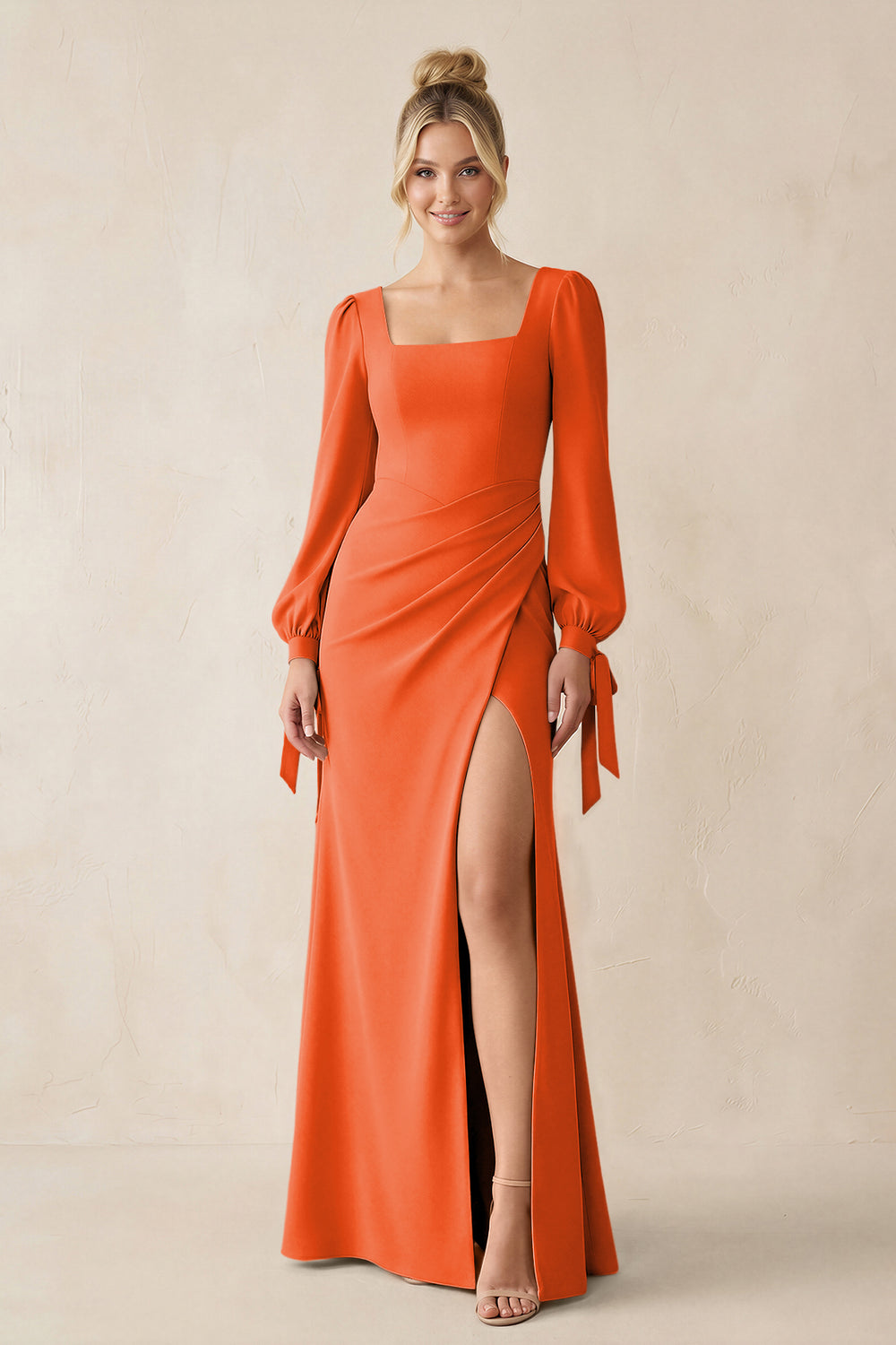 Square Neck Long Sleeve Sheath Chiffon Bridesmaid Dress in Cinnamon