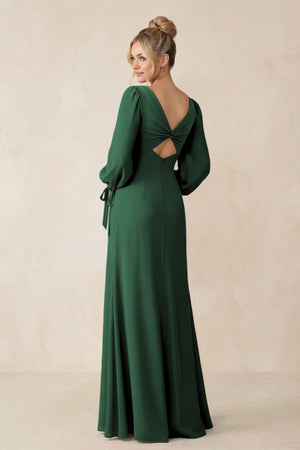 Square Neck Long Sleeve Sheath Chiffon Bridesmaid Dress in Dark Green (2) | KISSBRIDAL