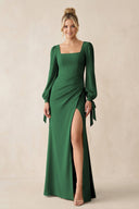 Square Neck Long Sleeve Sheath Chiffon Bridesmaid Dress in Dark Green - SHE IS ME Bridesmaid Dresses