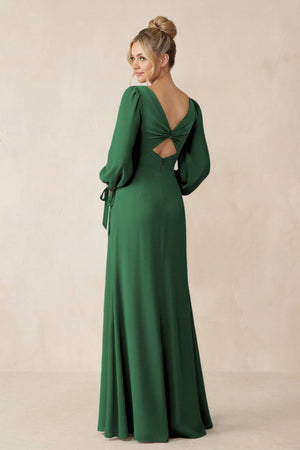 Square Neck Long Sleeve Sheath Chiffon Bridesmaid Dress in Dark Green - SHE IS ME Bridesmaid Dresses