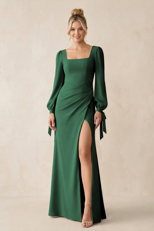 Square Neck Long Sleeve Sheath Chiffon Bridesmaid Dress in Dark Green | KISSBRIDAL