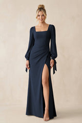 Square Neck Long Sleeve Sheath Chiffon Bridesmaid Dress in Dark Navy - KISS BRIDAL Bridesmaid Dresses