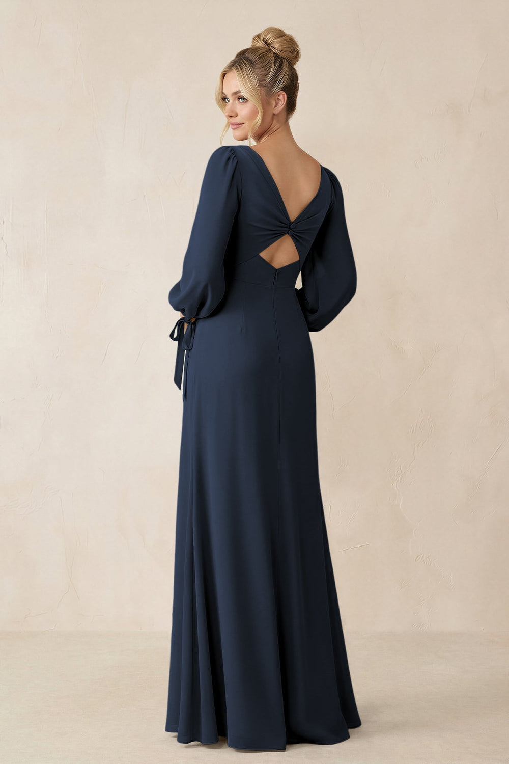 Square Neck Long Sleeve Sheath Chiffon Bridesmaid Dress in Dark Navy - KISS BRIDAL Bridesmaid Dresses