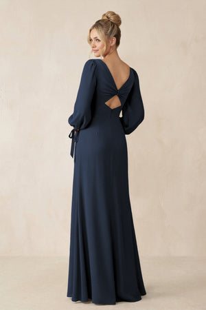 Square Neck Long Sleeve Sheath Chiffon Bridesmaid Dress in Dark Navy - SHE IS ME Bridesmaid Dresses
