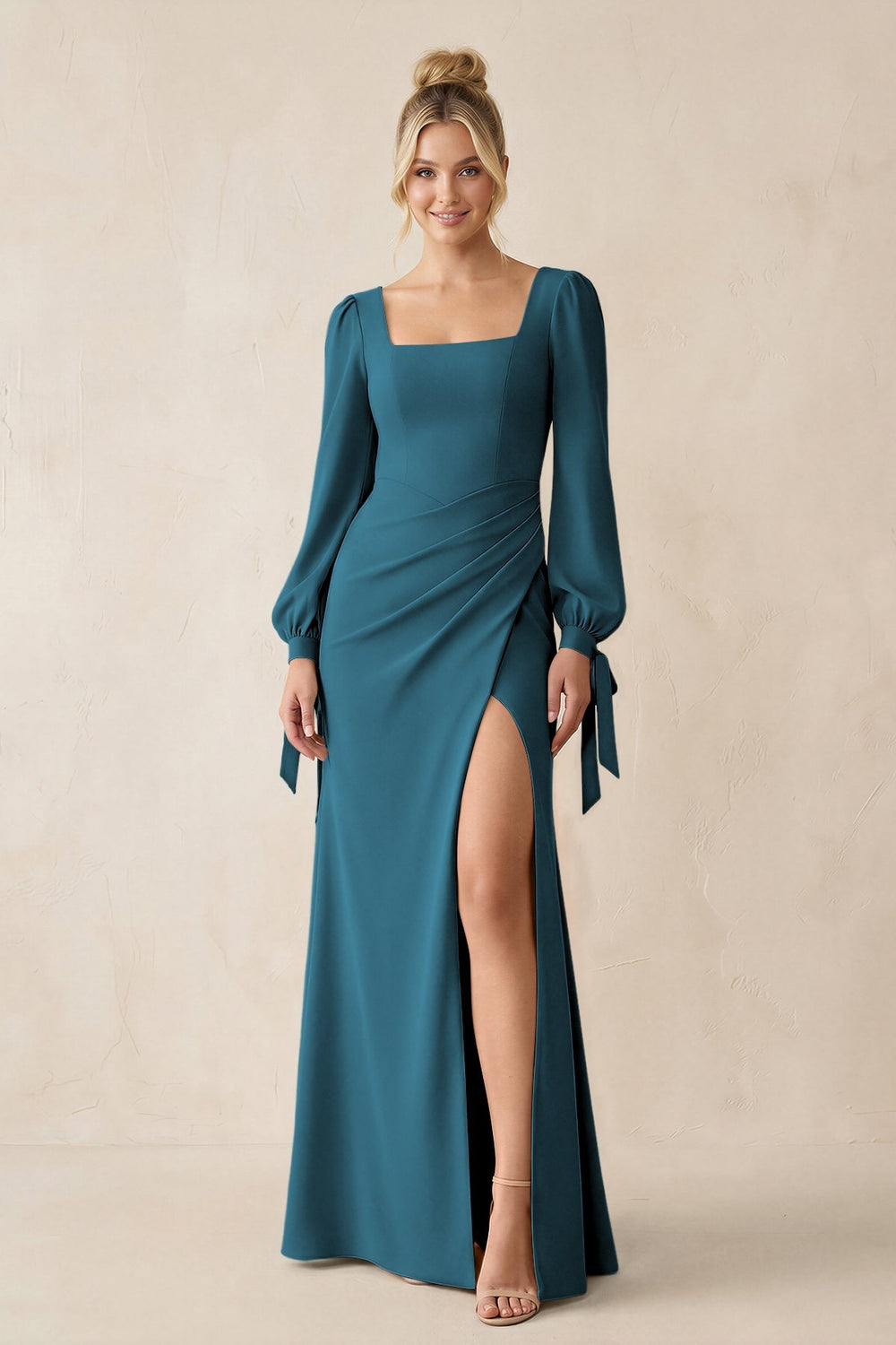 Square Neck Long Sleeve Sheath Chiffon Bridesmaid Dress in Dark Teal - KISS BRIDAL Bridesmaid Dresses