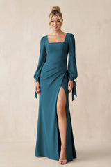 Square Neck Long Sleeve Sheath Chiffon Bridesmaid Dress in Dark Teal - KISS BRIDAL Bridesmaid Dresses