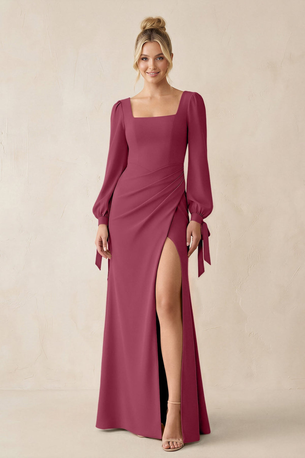 Square Neck Long Sleeve Sheath Chiffon Bridesmaid Dress in Desert Rose - KISS BRIDAL Bridesmaid Dresses