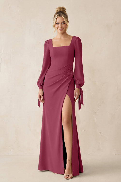 Square Neck Long Sleeve Sheath Chiffon Bridesmaid Dress in Desert Rose - SHE IS ME Bridesmaid Dresses
