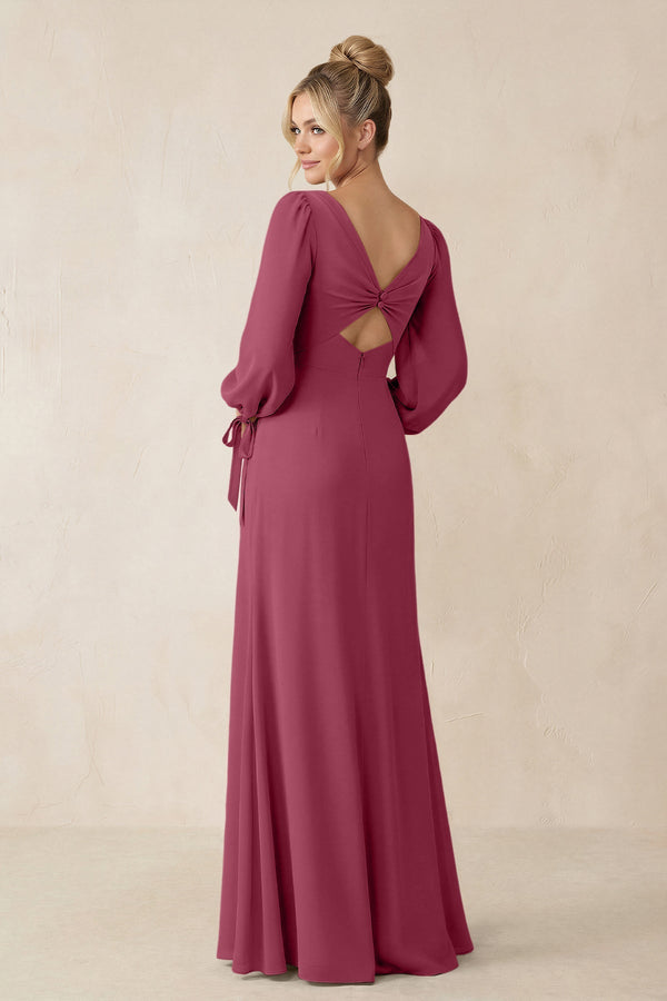 Square Neck Long Sleeve Sheath Chiffon Bridesmaid Dress in Desert Rose - SHE IS ME Bridesmaid Dresses