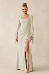 Square Neck Long Sleeve Sheath Chiffon Bridesmaid Dress in Dove Gray - KISS BRIDAL Bridesmaid Dresses