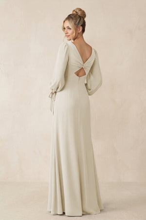 Square Neck Long Sleeve Sheath Chiffon Bridesmaid Dress in Dove Gray - SHE IS ME Bridesmaid Dresses