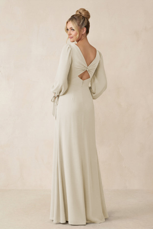 Square Neck Long Sleeve Sheath Chiffon Bridesmaid Dress in Dove Gray - SHE IS ME Bridesmaid Dresses
