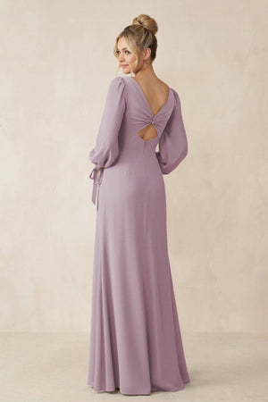 Square Neck Long Sleeve Sheath Chiffon Bridesmaid Dress in Dusk - SHE IS ME Bridesmaid Dresses