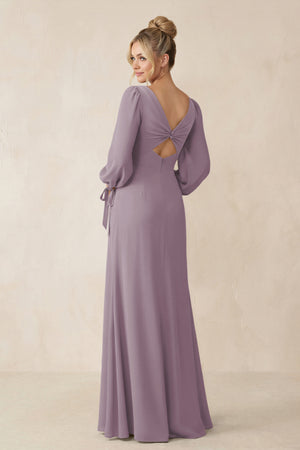 Square Neck Long Sleeve Sheath Chiffon Bridesmaid Dress in Dusk (2) | KISSBRIDAL