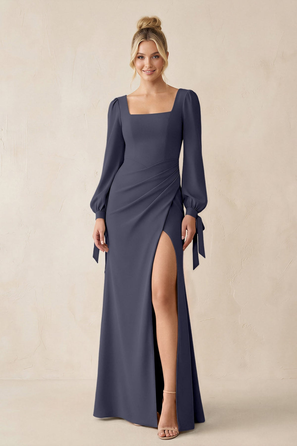 Square Neck Long Sleeve Sheath Chiffon Bridesmaid Dress in Dusk Blue - KISS BRIDAL Bridesmaid Dresses