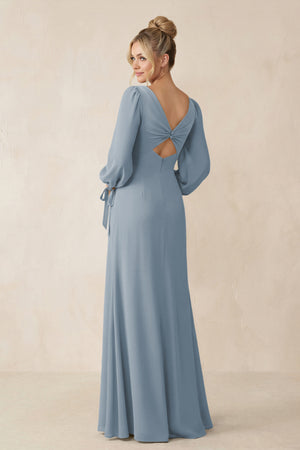 Square Neck Long Sleeve Sheath Chiffon Bridesmaid Dress in Dusty Blue (2) | KISSBRIDAL