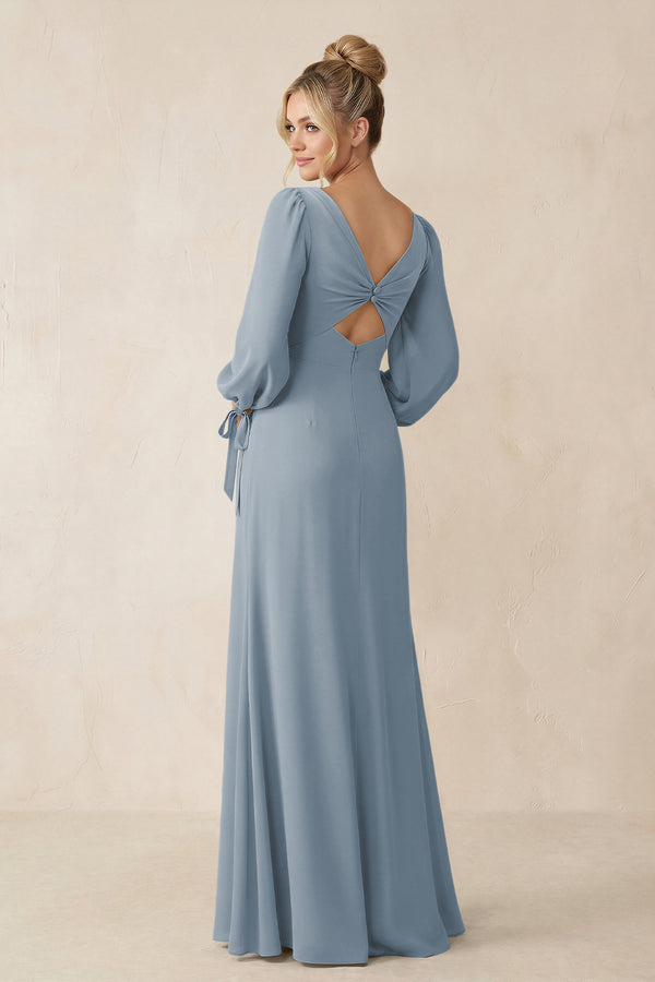Square Neck Long Sleeve Sheath Chiffon Bridesmaid Dress in Dusty Blue (2) | KISSBRIDAL