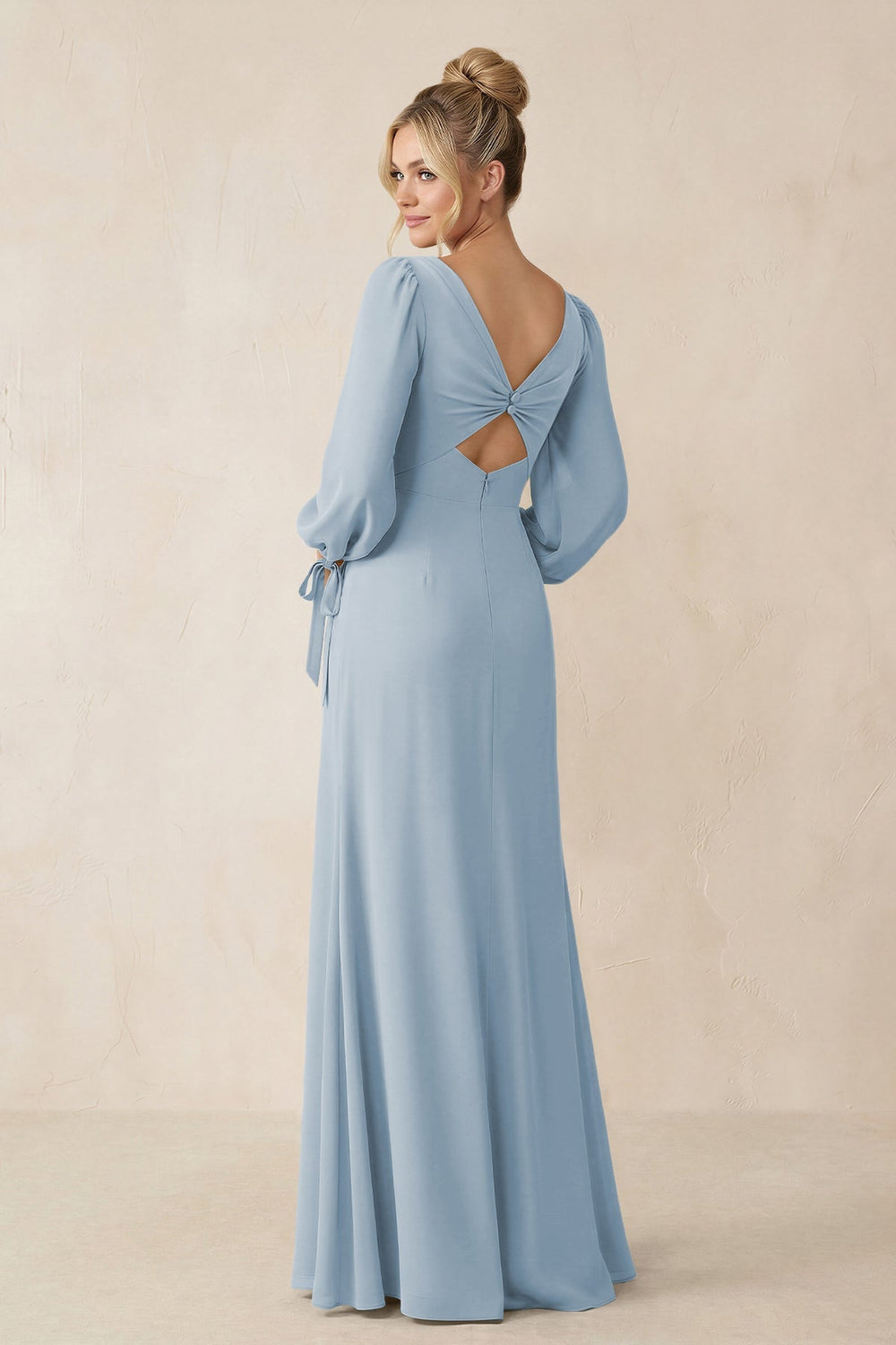 Square Neck Long Sleeve Sheath Chiffon Bridesmaid Dress in Dusty Blue - KISS BRIDAL Bridesmaid Dresses