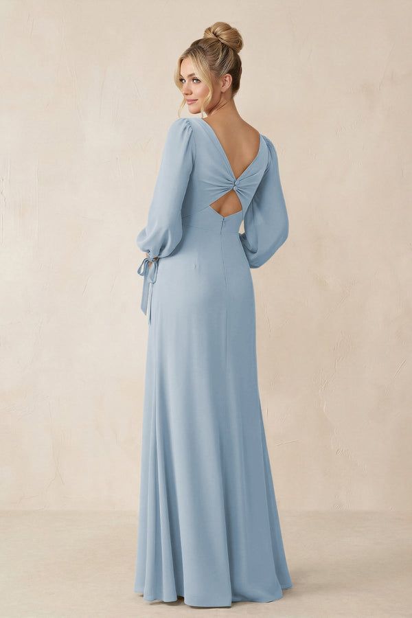 Square Neck Long Sleeve Sheath Chiffon Bridesmaid Dress in Dusty Blue - SHE IS ME Bridesmaid Dresses