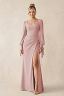 Square Neck Long Sleeve Sheath Chiffon Bridesmaid Dress in Dusty Rose - SHE IS ME Bridesmaid Dresses