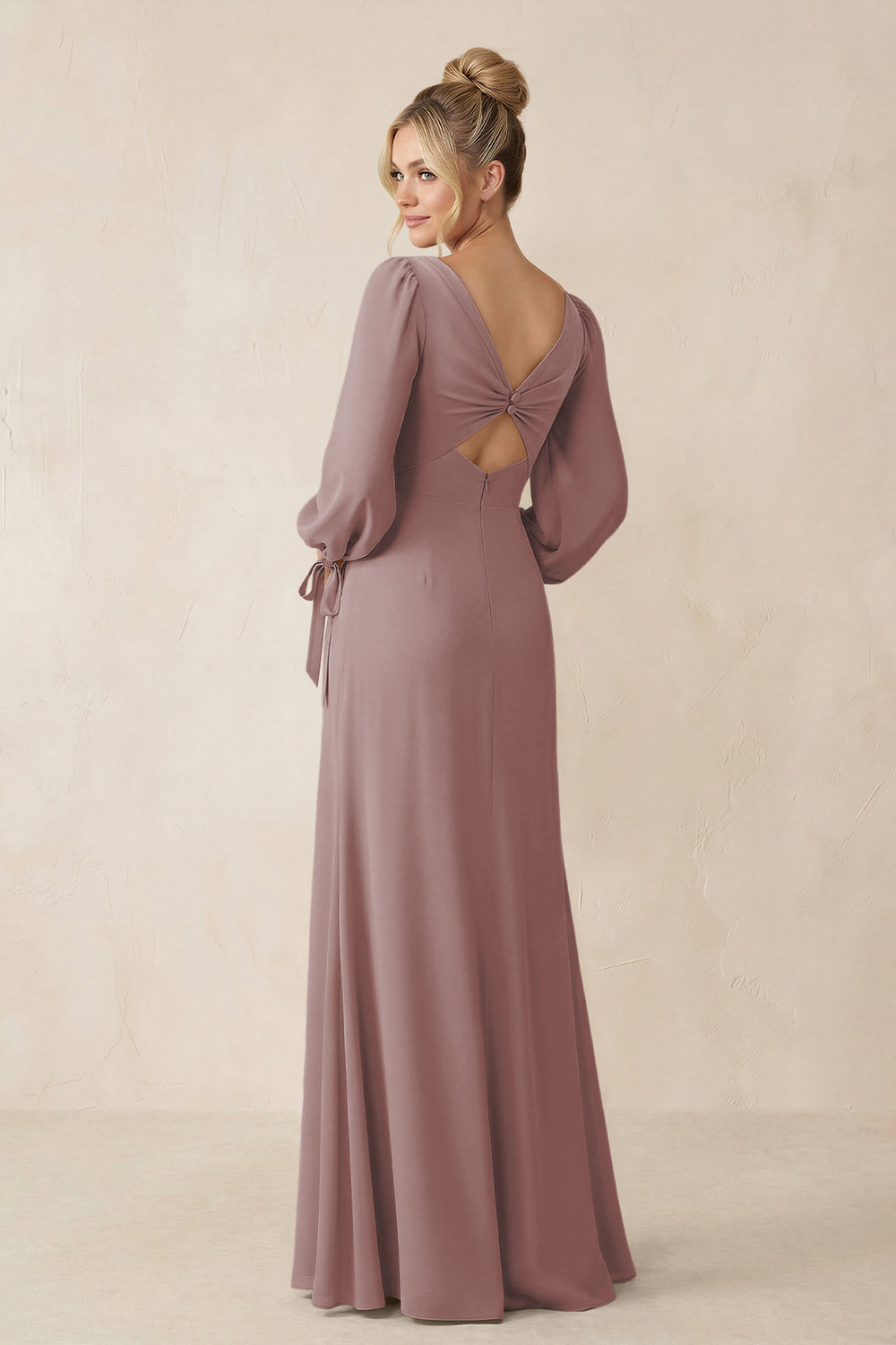 Square Neck Long Sleeve Sheath Chiffon Bridesmaid Dress in Dusty Rose