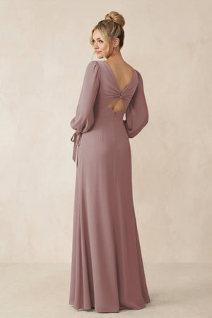 Square Neck Long Sleeve Sheath Chiffon Bridesmaid Dress in Dusty Rose (2) | KISSBRIDAL