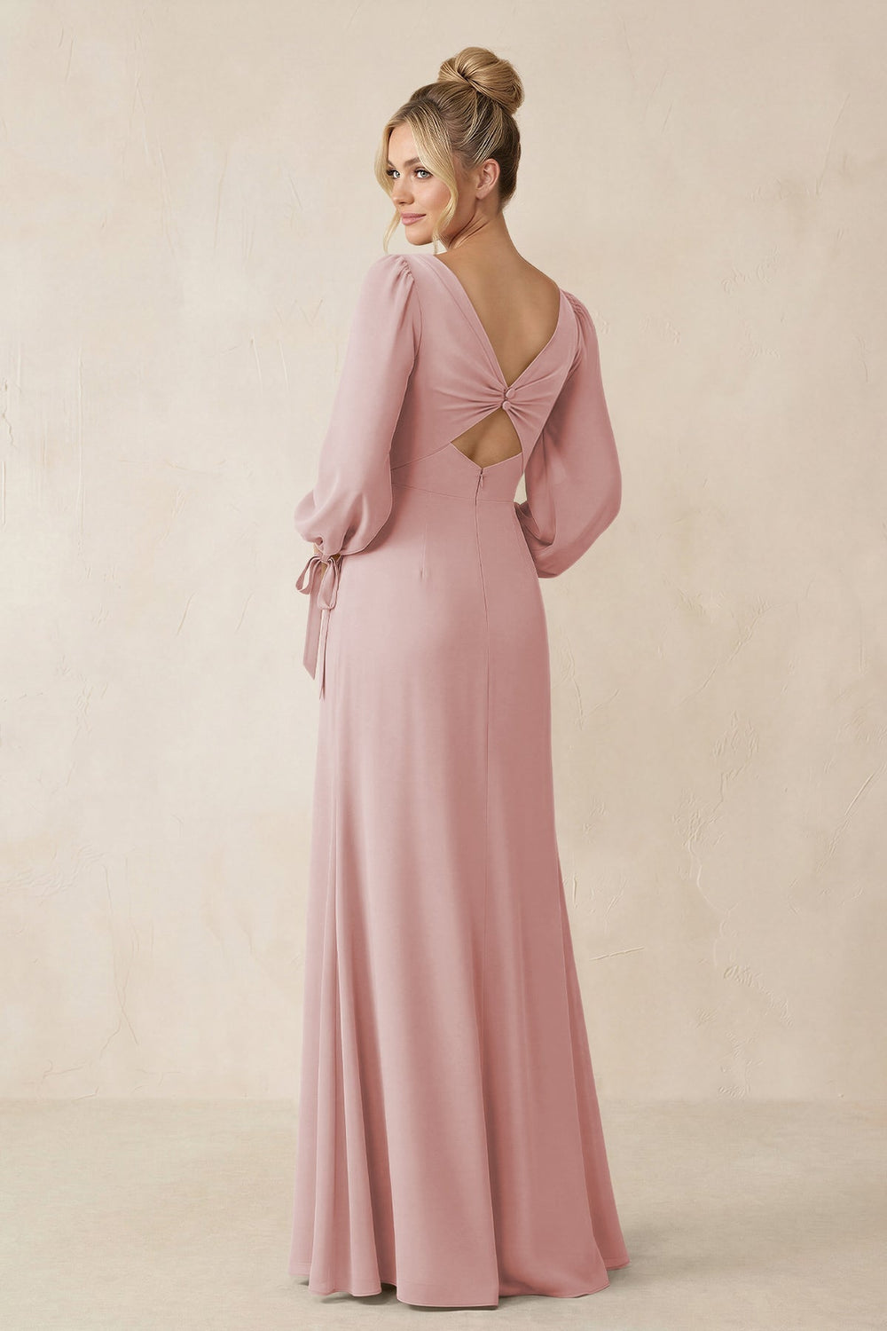 Square Neck Long Sleeve Sheath Chiffon Bridesmaid Dress in Dusty Rose - KISS BRIDAL Bridesmaid Dresses