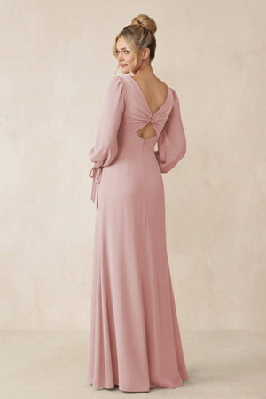 Square Neck Long Sleeve Sheath Chiffon Bridesmaid Dress in Dusty Rose - SHE IS ME Bridesmaid Dresses