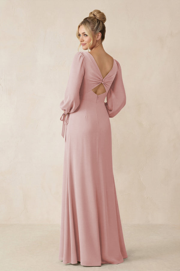 Square Neck Long Sleeve Sheath Chiffon Bridesmaid Dress in Dusty Rose - SHE IS ME Bridesmaid Dresses