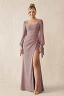 Square Neck Long Sleeve Sheath Chiffon Bridesmaid Dress in Dusty Rose | KISSBRIDAL