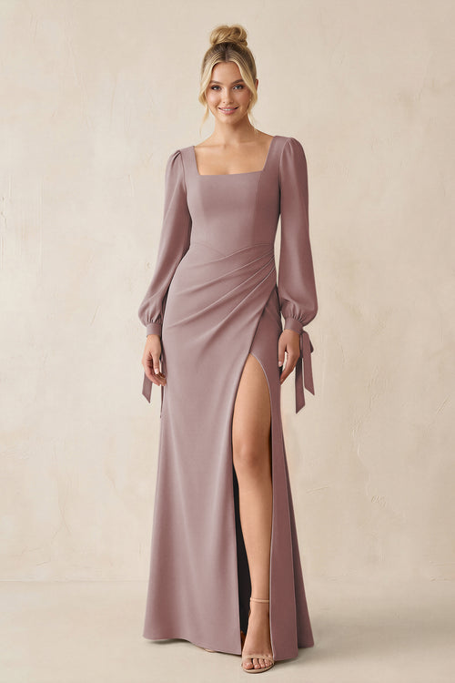Square Neck Long Sleeve Sheath Chiffon Bridesmaid Dress in Dusty Rose | KISSBRIDAL