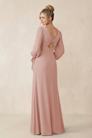 Square Neck Long Sleeve Sheath Chiffon Bridesmaid Dress in English Rose (2) | KISSBRIDAL