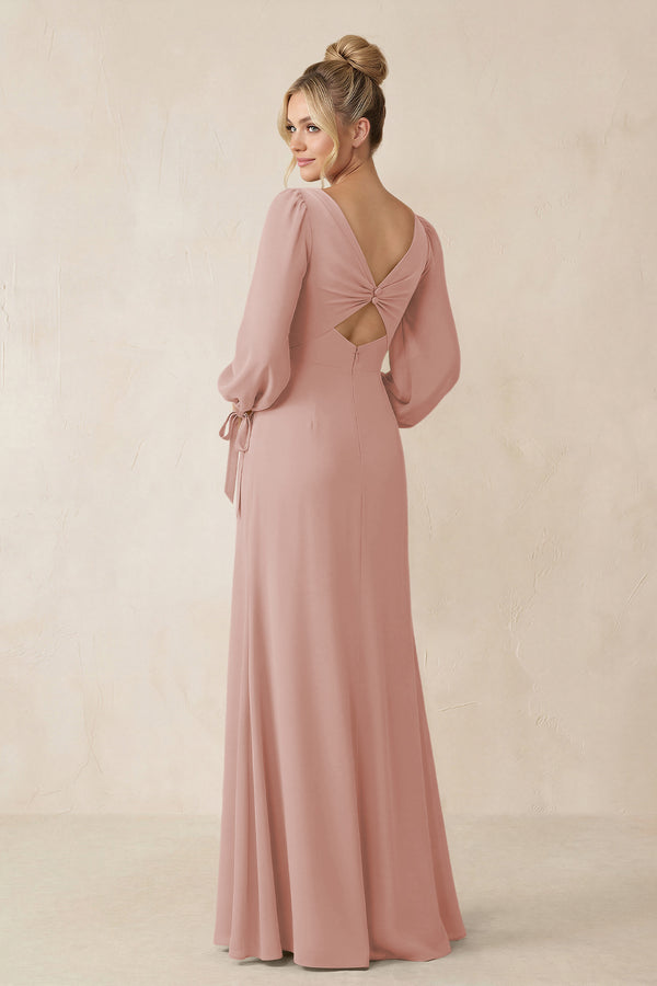 Square Neck Long Sleeve Sheath Chiffon Bridesmaid Dress in English Rose (2) | KISSBRIDAL