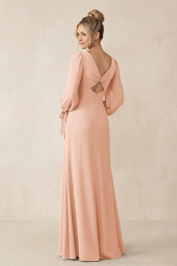 Square Neck Long Sleeve Sheath Chiffon Bridesmaid Dress in English Rose - SHE IS ME Bridesmaid Dresses