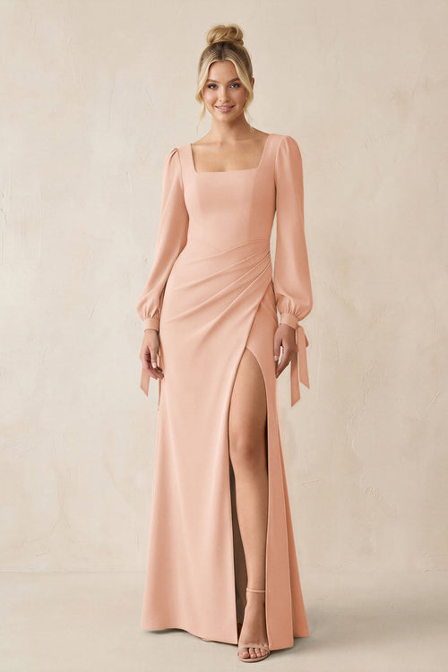 Square Neck Long Sleeve Sheath Chiffon Bridesmaid Dress in English Rose - SHE IS ME Bridesmaid Dresses