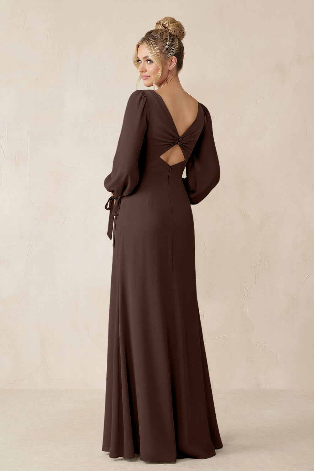 Square Neck Long Sleeve Sheath Chiffon Bridesmaid Dress in Espresso - KISS BRIDAL Bridesmaid Dresses