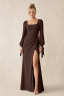 Square Neck Long Sleeve Sheath Chiffon Bridesmaid Dress in Espresso - SHE IS ME Bridesmaid Dresses